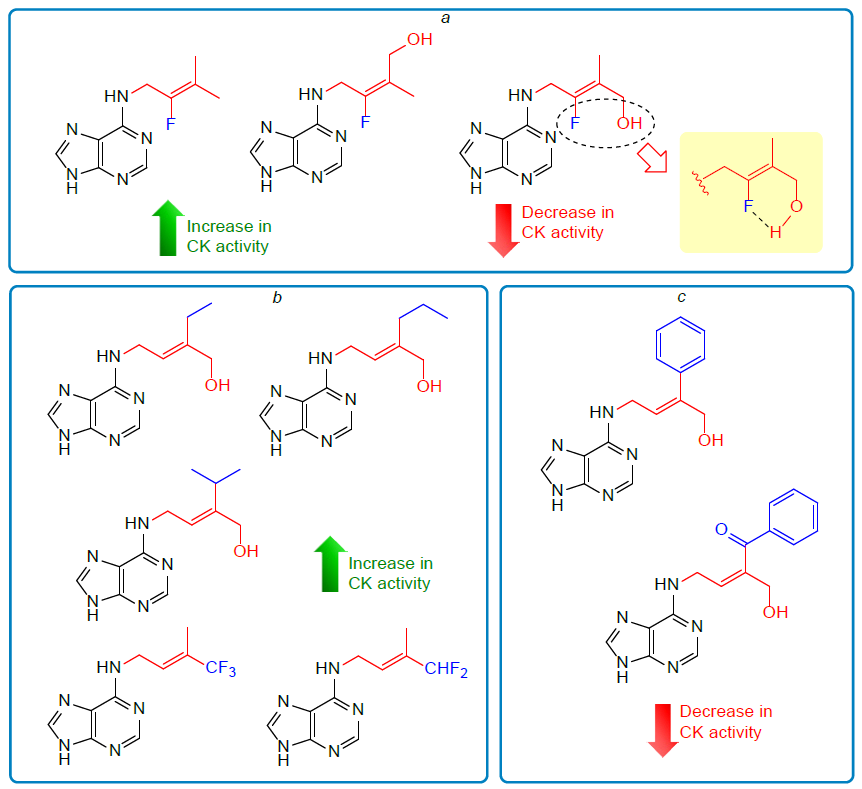 Structural modifications of the isoprenyl substituent at the N6 position of isoprenoid cytokinins and their effect on cytokinin activity: introduction of a vinylic fluorine atom (a), alkyl and fluoroalkyl groups (b), and phenyl and benzoic acid groups (c).