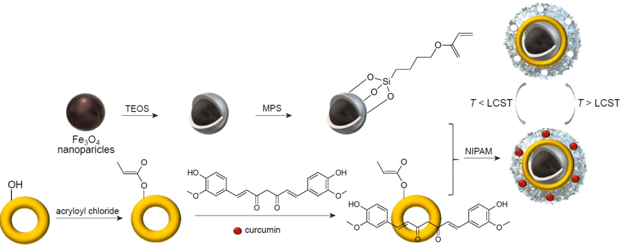Schematic diagram of the synthesis of hybrid MIPs and mechanism of temperature-induced release of curcumin.224