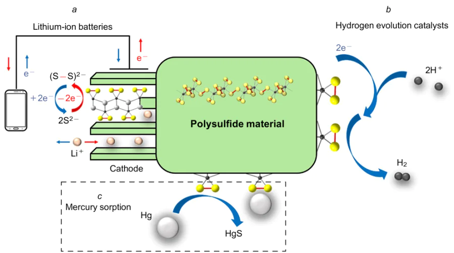 Schematic of several practically relevant processes, in which polysulfide materials are explored: cathode materials for lithium-ion batteries (a); catalysts for hydrogen evolution reactions (can act as photo-, electro- and photoelectrocatalysts) (b); mercury vapour sorbents (c). The (S-S)2- groups of the material, which are involved in reversible redox transformations, play a special role.