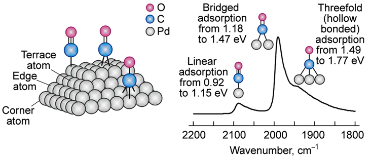 Type of CO adsorption on the palladium metal surface and corresponding adsorption energies.