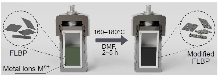 Schematic illustration of modification of few-layer black phosphorus using solvothermal approach