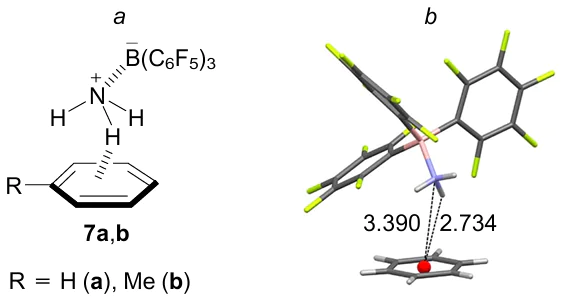 NH...π Complexes of tris(pentafluorophenyl)borane-ammonia with benzene and toluene (7a,b) (a) and molecular structure of 7a with selected key distances in Å (b) (CCDC refcode UBUBAW, T=90 K). The figure was created by the authors using data of Ref. 33.