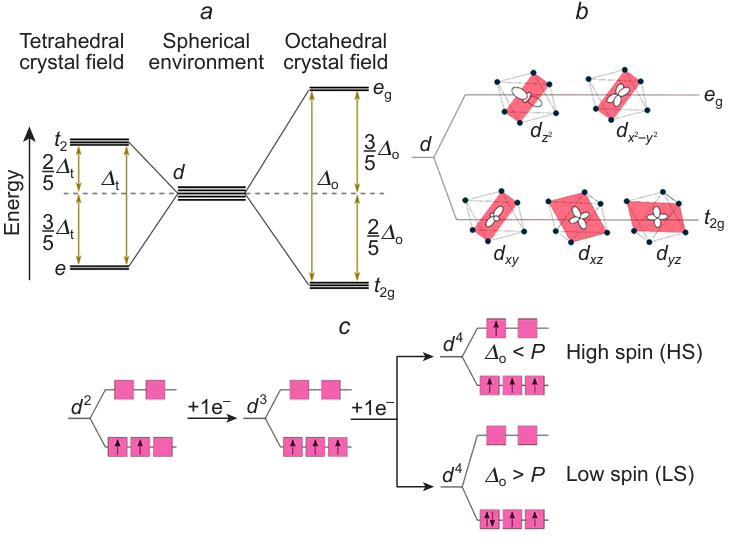 (a) Configuration of 3d-orbitals of transition metals in tetrahedral (MO4) and octahedral (MO6) complexes, respective to the spherical field of negative charge; (b) orientation of eg- and t2g-orbitals related to ligands in the octahedral complex; (c) d-orbital occupation order in the octahedral 3dn-complex. Figures a and c were created by the authors of the review on the basis of the data of Ref. 15, Fig. b — on the basis of the data of Ref. 14.