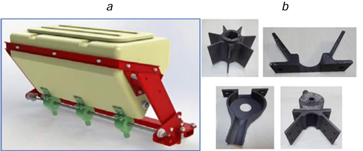 Device for applying bioinoculant: (a) a hopper with an attached grooved-roller dispenser, (b) dispenser constituent parts.182 © University Politehnica Timisoara, 2021.
