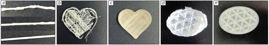 (a) Filaments produced by the extrusion at 200°C using PE (homopolymer, Ni46/MgO catalyst, upper image) and copolymers with 0.5 mol.% C018 (Ni46/MgO catalyst + Ni48/MgO, middle image; and Ni46+Ni48/MgO, lower image). 3D Printed samples made of (b) LLDPE, (c) copolymer with 1.1 mol.% C018, and composites (3 : 7 by weight) based on (d) PLA/HDPE and (e) PLA/copolymer with 1.1 mol.% C018 [PLA is poly(L-lactide), HDPE is linear high-density polyethylene].148 Reproduced with permission from Nature (CC-BY).