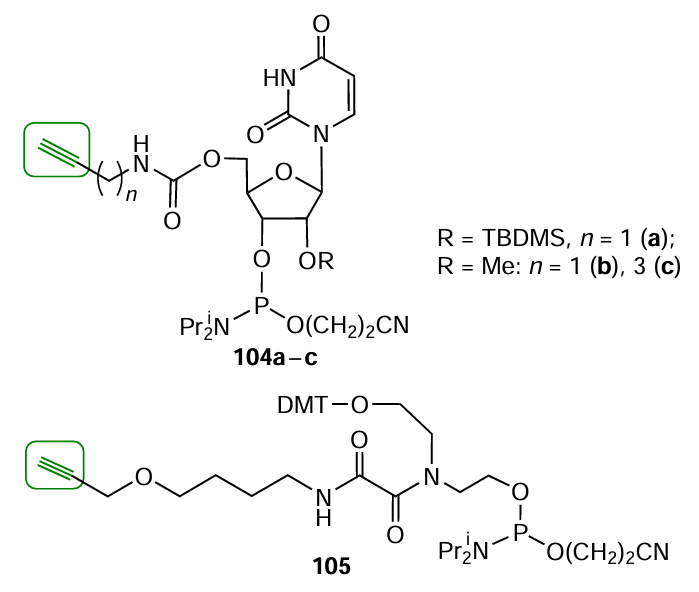 Structures of lab-made terminal (104a – c) and internal non-nucleotide (105) alkynyl phosphoramidite modifiers