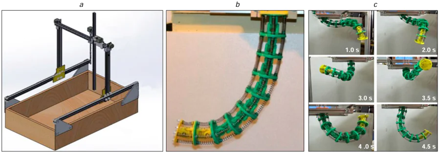 (a) Digital prototype (CAD model) of the FaRo robot; (b) TakoBot prototype; (c) TakoBot movements in the experiment.240 © International Journal of Mechanical Engineering and Robotics Research, 2020.