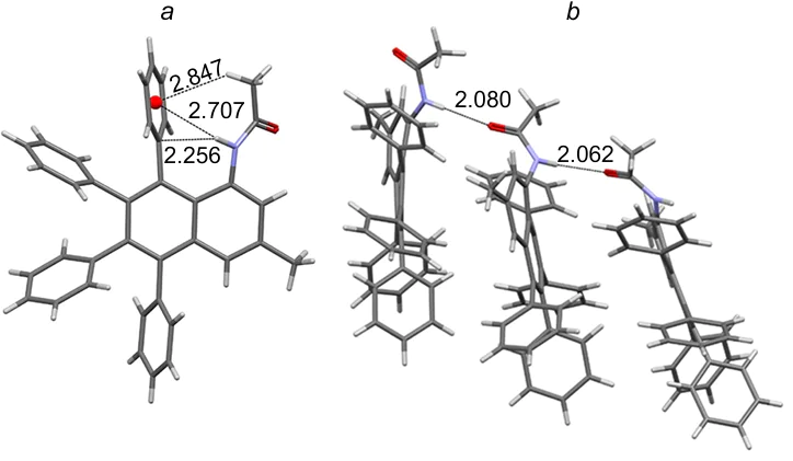 Molecular structure of one of three independent molecules of 17 (FAGTAK, 283-303 K) (a) and a fragment of crystal packing of 17 (b). The figure was created by the authors using data of Ref. 53.
