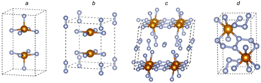 Fragments of the crystal structures of four FeN5 phases with \( P4/mmm \)(a) (а), \( P4/mmm \)(b) (b), \( C2/m \) (c) and \( P1 \) (d) FSGSs[142]. Copyright © 2020 American Chemical Society.