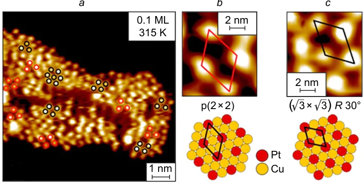 STM image of Pt1Cu-SAA (a). The Pt atoms form small ordered regions corresponding to local structures p(2 × 2 m) (b) and (√3 × √3)R30° (c).170 Published with permission from the American Chemical Society (ACS).