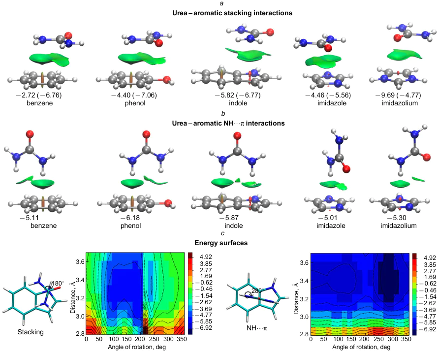 Calculated energies of interaction of urea with aromatic rings that make up amino acids. Reproduced from Goyal et al.186 with permission of the American Chemical Society.