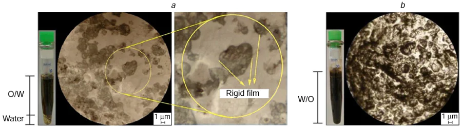 Optical micrographs of GO-stabilized Pickering emulsions with asphaltene concentrations in the organic phase of (a) 1 mass %, (b) 1.5 mass %. GO concentration: 1 mg mL–1, oil/water ratio: 1 : 1. The inset shows an enlarged microscopic image of an oil phase droplet with the rigid film.158 Copyright belongs to Elsevier.
