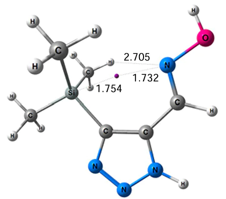 Equilibrium geometry of the E-syn-periplanar conformer of compound 7, optimized at the MP2/aug-cc-pVTZ level. Interatomic distances are given in Å. Purple corresponds to the bond critical point (3, –1).