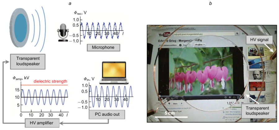 Demonstrator of a transparent planar DEA loudspeaker in front of a computer screen: (a) schematic of the test system for testing the quality of the sound reproduction; (b) computer screen with the loudspeaker demonstrator.129 Reproduced with the permission of The American Association for the Advancement of Science