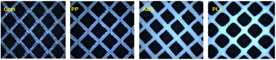 Feed spacers 3D printed with different thermoplastics.97 From left to right: commercial, printed from PP, ABS, PLA. © Elsevier B.V., 2018.