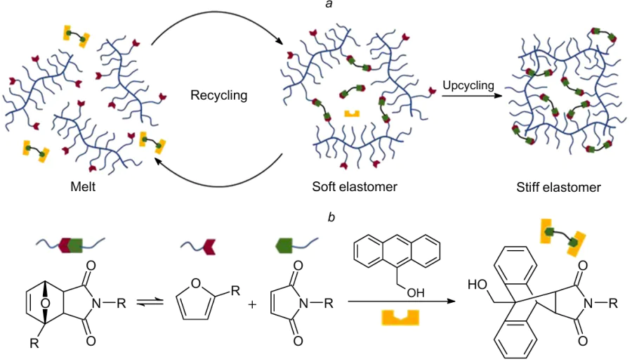 Schematic views of the reconfiguration (a) and the reversible Diels-Alder reaction of maleimide with furan (dormant crosslinker) and the deactivation of crosslinker with (anthracen-9-yl)methanol (b).