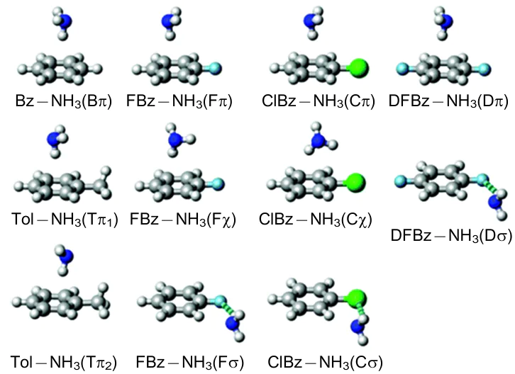 Theoretically optimized structures of σ-, π- and , π,σ-complexes of ammonia with benzene and its fluoro-, chloro-, difluoro- and methyl derivatives. Reproduced from Ref. 31 with permission of the American Chemical Society.