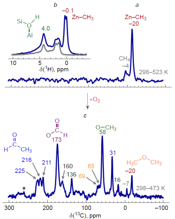 13С (a) and 1Н (b) MAS NMR spectra of methane-13С and Zn – CH3 species on Zn2+/H-ZSM-5 zeolite after transformation at 298 – 523 K. 1Н MAS NMR spectrum of a pure Zn2+/H-ZSM-5 zeolite is shown as a grey line in (b). 13С MAS NMR spectrum of the surface intermediates generated from methane-13С in the presence of oxygen (СН4 : О2 = 4 : 1) on Zn2+/H-ZSM-5 zeolite after transformation at 298 – 473 K (c). The symbol * denotes a spinning side band.