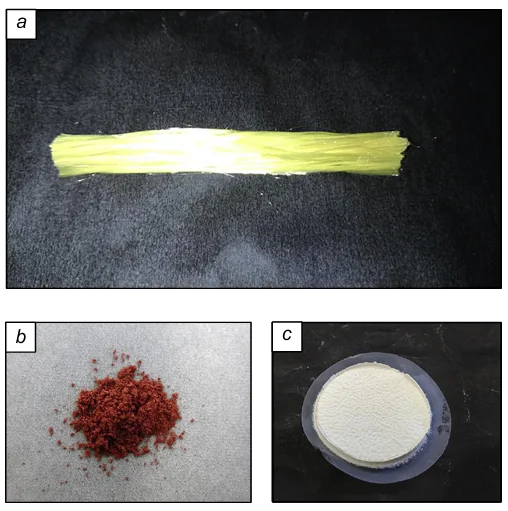 Images of Kevlar® fibres (a) and monomers resulting from Kevlar® fibre treatment in SC water: para-phenyldiamine (b) and TPA (c).682 Published with permission from Elsevier.