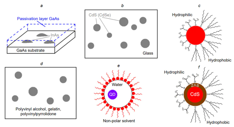 Most frequently encountered types of QDs: (a) epitaxial QDs; (b) QDs in glass; (c) QDs passivated by organic molecules: colloidal QDs; (d) colloidal QDs in polymers; (e) QDs in reverse micelles; (f) core/shell colloidal QDs.