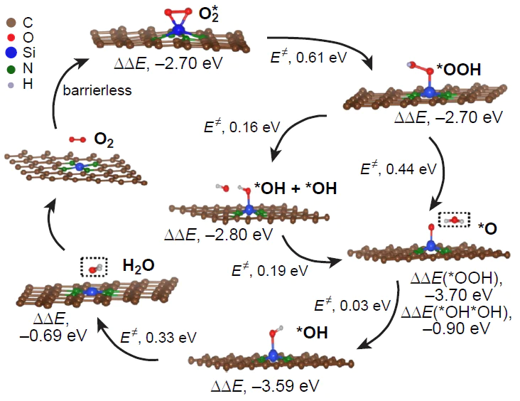 Mechanism of electroreduction of molecular oxygen on silicon,nitrogen-doped graphene, Si – N4/Gr.184 Copyright American Chemical Society.