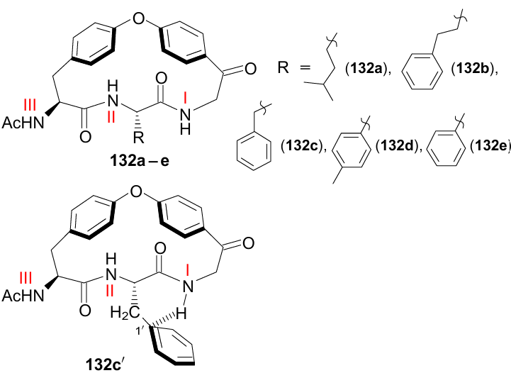 Macrocyclic polyamides 132a-e for studying NH...π interactions. The figure was created by the authors using data of Ref. 189.