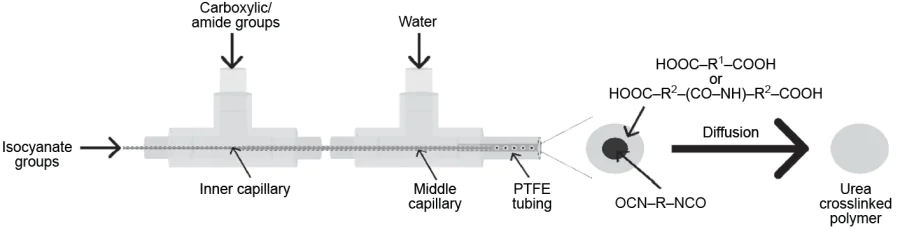 Schematic picture of the synthesis of PDMS-IPDI microspheres in a microfluidic device. The prepolymer droplets produced in the first stage migrate from the inner capillary into the middle one, thus forming a droplet in a droplet of the other phase.219