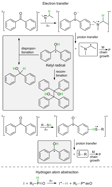 Schemes of initiation with type II photoinitiator (benzophenone) via electron transfer (with amine and thiol as coinitiator) or hydrogen atom abstraction