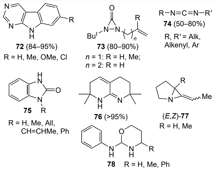 Structures of compounds 72–78 obtained by photolysis of appropriate tetrazoles in organic solvents.