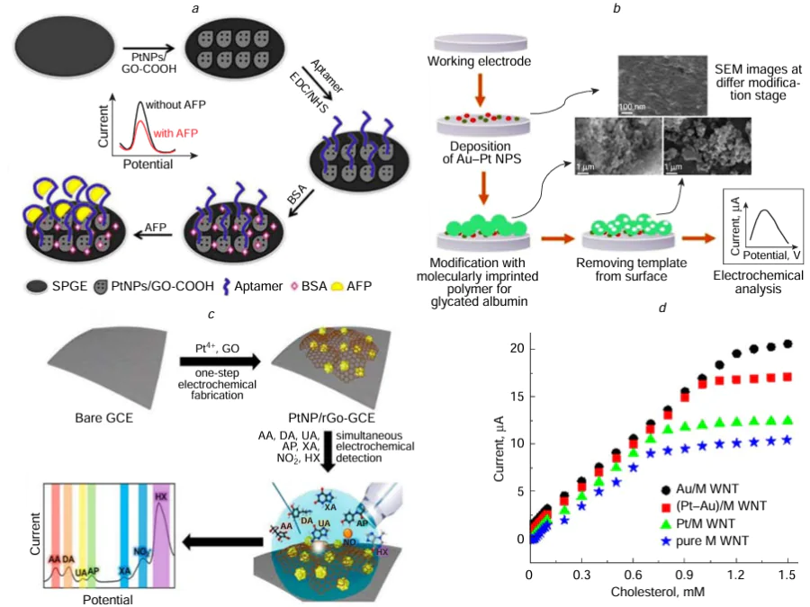(a) A label-free aptasensor for sensitive determination of alpha-fetoprotein based on aptamer-loaded PtNPs/carboxylated-graphene oxide. Reproduced with permission from the Ref. 101. (b) The step-by-step development of PtNPs/AuNPs-based biosensor for determining glycated albumin. Reproduced with permission from the Ref. 102. (c) PtNPs/rGO-based biosensor for the simultaneous detection of seven biochemical substances. Reproduced with permission from the Ref. 104. (d) Calibration curves of the biosensors included COx/Au/MWCNTs electrode. Reproduced with permission from the Ref. 105.