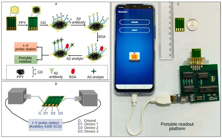 Schematic depiction of the Aβ sensing platform: (a) bioelectrode fabrication steps; (b) probe station setup for I – V (current-voltage) characterization of the sensor array; (c) pictorial representation of the portable readout platform. Reproduced with permission from the Ref. 207.