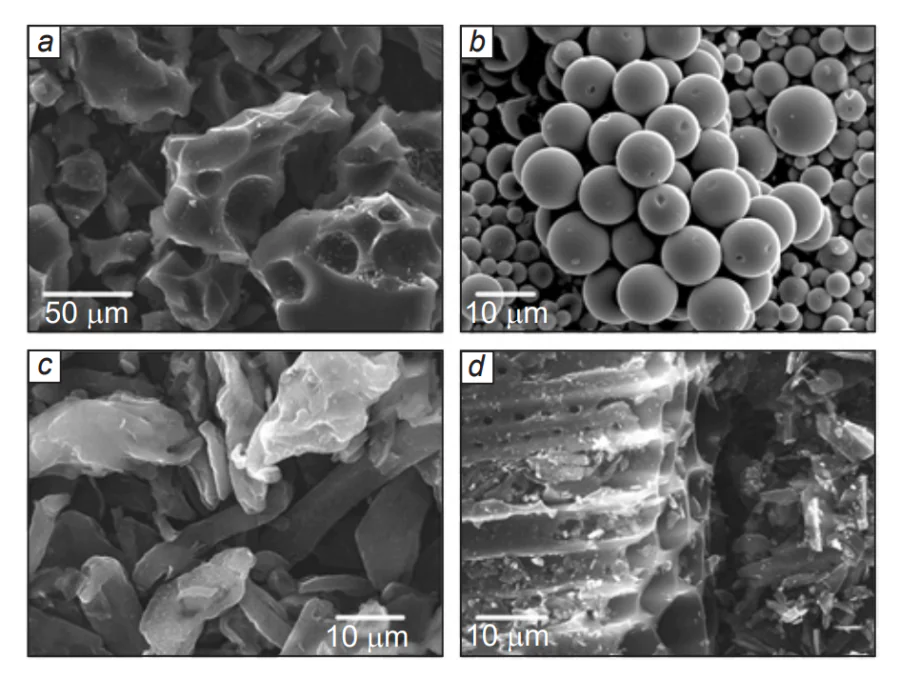 SEM microphotographs of hard carbon samples derived from: (a) glucose via caramelization (the image was taken from authors archive to Ref. [77]); (b) glucose via hydrothermal carbonization (the image was taken from authors archive to Ref. [74]); (c) cellulose (the image was taken from authors archive to Ref. [132]); (d) Sosnowskyi hogweed (the image was taken from authors archive to Ref. [70])