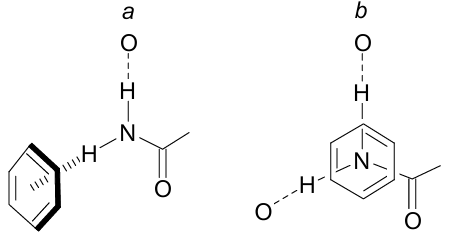 NH...π bond (a) and stacking (b) with participation of carboxamide group.The figurewas created by the authors using data of Refs 11,17.