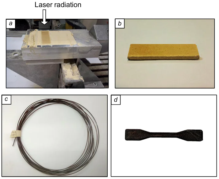 Photographs of the setup for SLS 3D printing of a chemically imidized R-BAPB powder (a), a three-dimensional sample formed as a plate (b) and a filament formed from this powder (c); FDM-printed blade (d).159,178