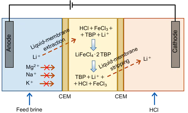 Schematic diagram of the lithium transfer in a multilayer liquid membrane used in electrodialysis.140 CEM is cation exchange membrane