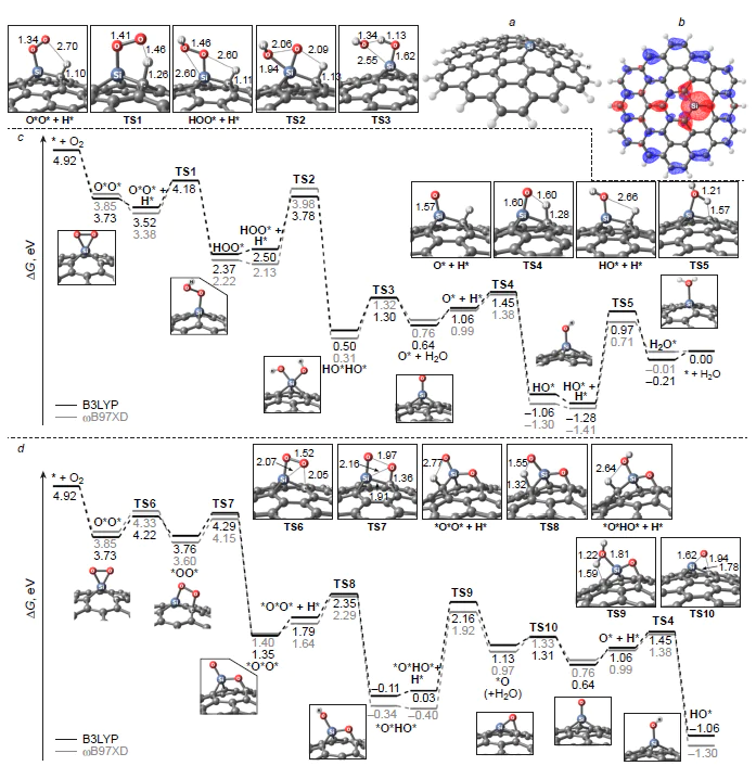 Optimized structure of model Si-doped circumcoronene (a), charge density distribution map (b). and free energy profiles for associative (c) and dissociative (d) pathways of ORR on a silicon site in acidic medium at U = 0.46