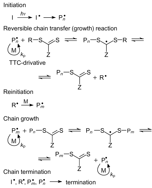 Scheme of living controlled radical polymerization with addition-fragmentation chain transfer (RAFT). TTC is trithiocarbonate, Z is activating group