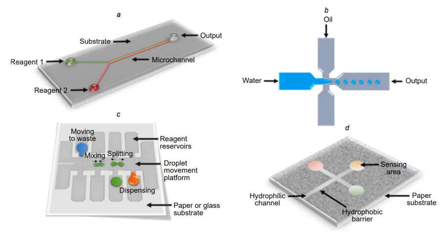 Architectures of lab-on-chip devices based on microfluidic systems[9]. (a) Polydimethylsiloxane-based microchannels forming a microfluidic system with a continuous flow channel; (b) droplet microfluidic system for the formation of immiscible liquid droplets operating as microreactors; (с) digital microfluidic system in which droplets of a liquid move under the action of electric potential; (d) paper microfluidic system operating via capillary forces that transport the liquid along hydrophilic channels. Published with permission from IOP Science.