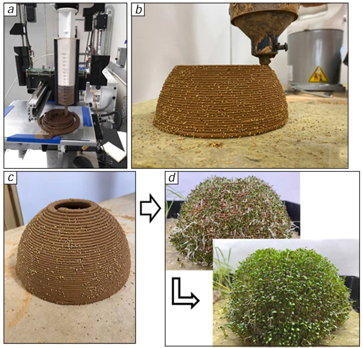 (a) Soil paste extrusion process using a Hyrel 3D Engine SR printer; (b) printing using a Potterbot extruder attached to a Kuka robotic arm; (c) example of a printed soil structure; (d) stages of clover growth on a 3D-printed soil structure.248 © Elsevier B.V., 2022.