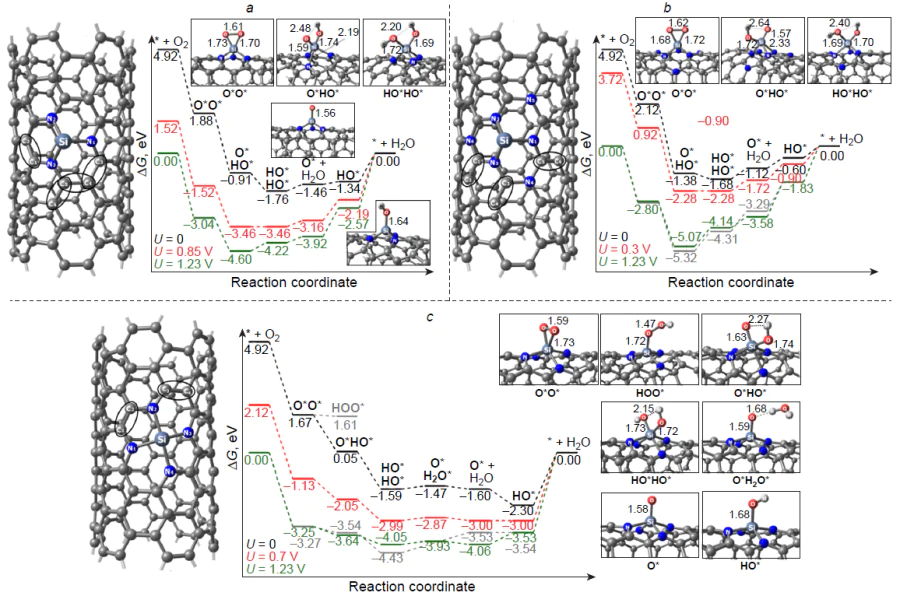 Structure of model SiNx-doped nanotubes and free energy profiles on the Si sites of the Si – N3/(6,6)CNT (a),39 Si – N3/N3(6,6)CNT (b),39 and Si – N4/(6,6)CNT (c)38 catalysts at some electrode potentials U in acidic medium. The bond lengths in Å are indicated at the structures.