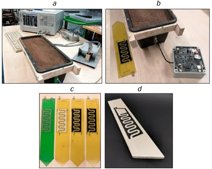 Sensors for measuring soil moisture: calibration of sensors using (a) a radio frequency LCR meter, (b) a measuring unit developed by the authors; soil moisture sensors printed on a glass epoxy substrate (c) (from left to right): Cu, Ag, carbon applied by microdispensing (CMD), and carbon applied by screen printing (CSP), and (d) CSP on a wooden substrate.128© MDPI (Basel, Switzerland), 2018.