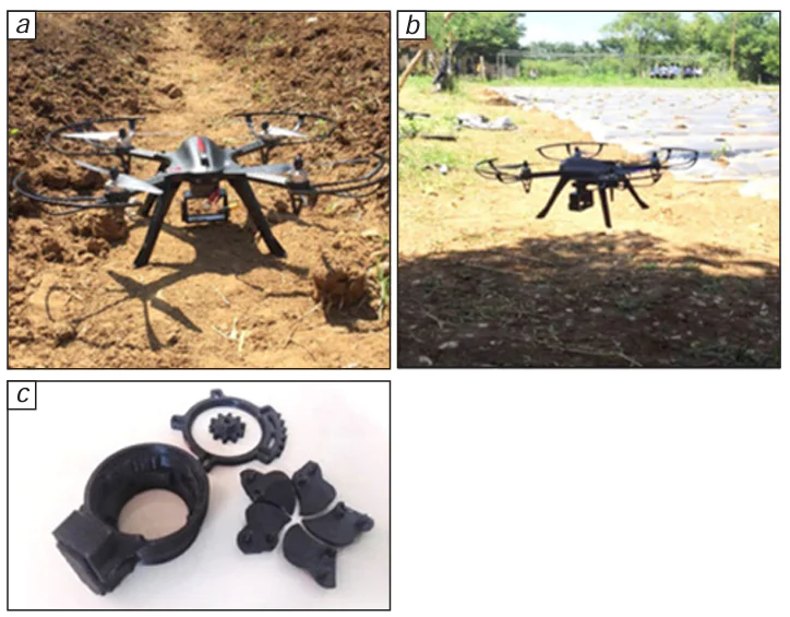 Agricultural drone (Ardufarmer) (a) in standby mode and (b) in flight; (c) seed dispenser components manufactured using 3D printing.219 © Trans Tech Publications Ltd., 2022.