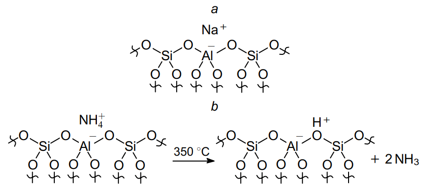 Zeolite sodium form (a) and thermal decomposition of the ammonium form (b), which yields Brønsted acid sites.