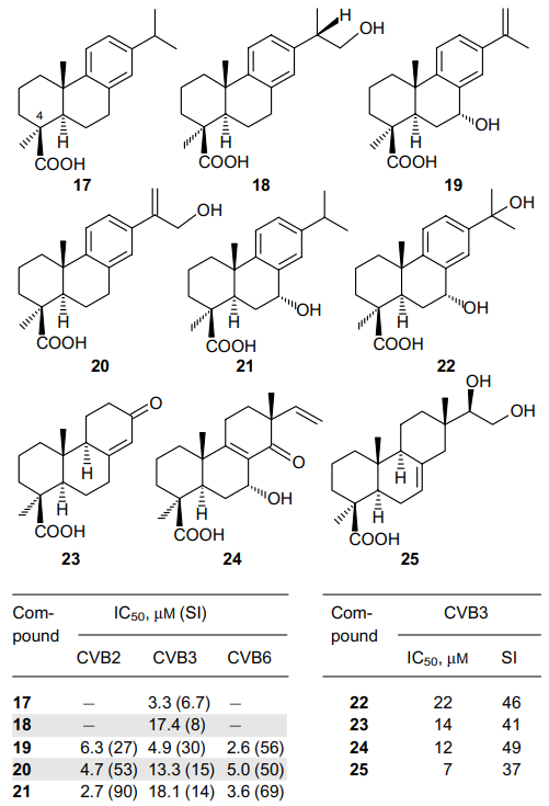 Structures and antiviral activity of 4-epi-dehydroabietic acid 17, its derivatives 18-22 and diterpenoids 23-25 isolated from plants of the genus Illicium.18-20