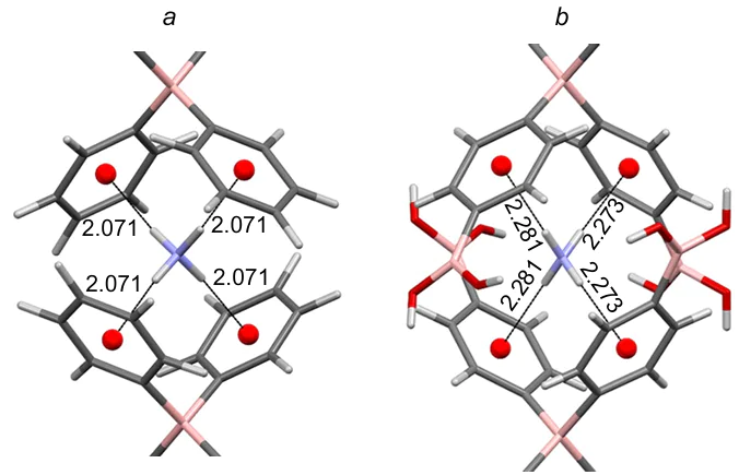 Fragments of the crystal lattice of ammonium tetraphenylborates 70 (a) and 71 (b). The figure was created by the authors using data of Refs 106, 107.