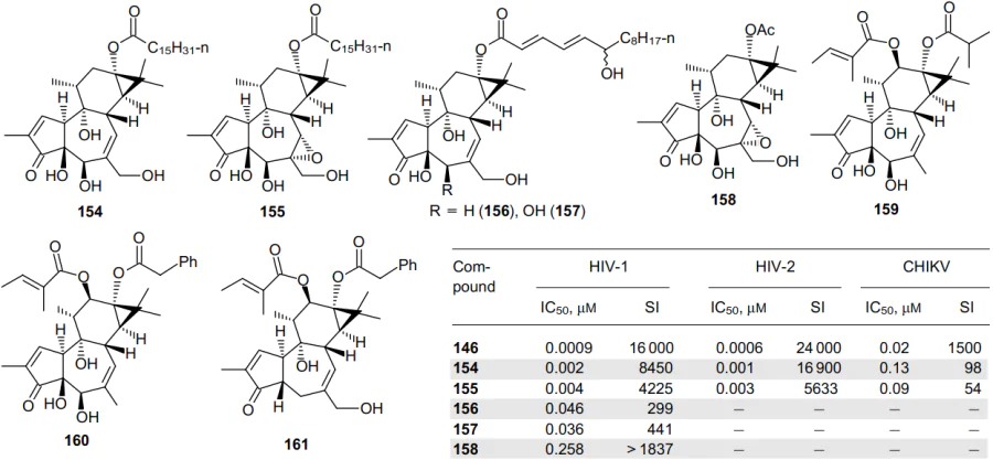 Structures of tigliane-type diterpenoids 154-161 and antiviral activity of compounds 146, 154-158.104-106