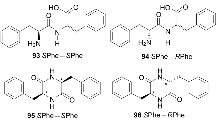 Linear (93, 94) and diketopiperazine (95 ,96) structures of phenylalanyl-phenylalanine diastereomers. The figure was created by the authors using data of Ref. 132.