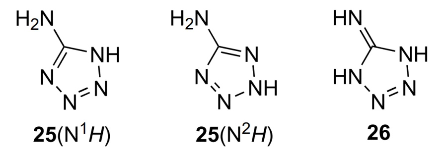 Structures of prototropic tautomeric forms of 5-aminotetrazole 25 and their isomer, 1,4-dihydro-5H-tetrazole-5-imine (26).