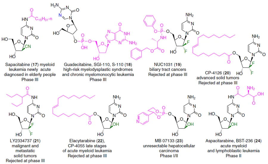 Depot forms and prodrugs of pyrimidine nucleoside analogues 17 – 24, which have undergone clinical trials at various stages as potential cancer treatments (listed under the title). Pyrimidine base modifications are highlighted in blue, carbohydrate moiety modifications are highlighted in green, and fragments of the depot forms and prodrugs are shown in pink.