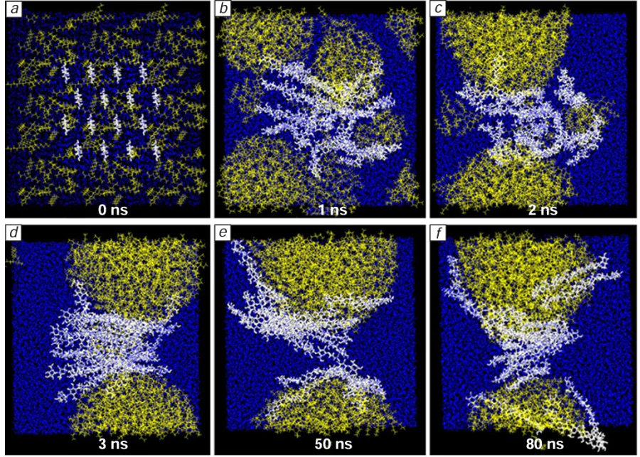 The results of MD simulation of a cellulose minicrystal in O/W medium over time (indicated in the photographs) (designations: white lines are cellulose, blue lines are water, and yellow lines are octane).257 Copyright belongs to Springer Netherlands.